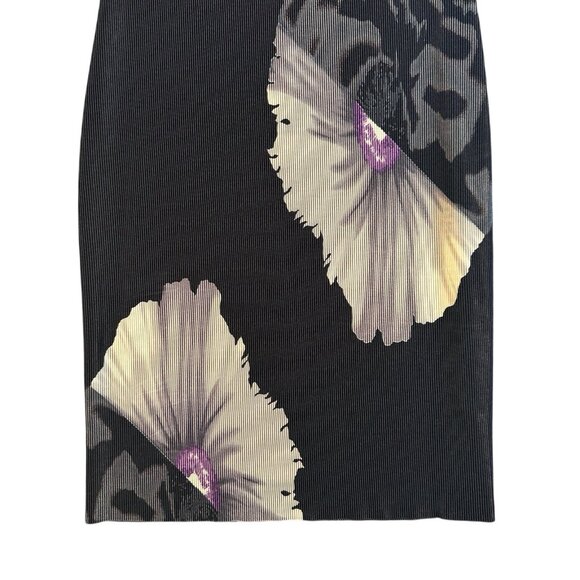 Vintage 90s Tess Pleated Floral Dress Black Ribbed Sheath Made In Korea Small - Picture 8 of 9